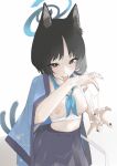  absurdres animal_ear_fluff animal_ears black_eyes black_hair black_nails blue_archive blue_kimono blue_neckerchief blue_skirt breasts bright_pupils cat_ears cat_girl commentary_request cum cum_on_hands diksiuw facial halo highres japanese_clothes kikyou_(blue_archive) kimono kimono_on_shoulders licking_self looking_at_viewer medium_breasts nail_polish neckerchief nipples parted_bangs pleated_skirt sarashi short_hair skirt split_tail tongue tongue_out topless upper_body white_pupils 