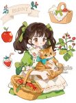  1girl animal animal_collar apple apple_pin apron aqua_bow aqua_bowtie aqua_collar banner basket blunt_bangs blush_stickers bow bowtie brown_eyes brown_hair bud buttons cat closed_mouth clothes_pin collar collared_dress commentary commission dress drinking_straw english_commentary english_text eyelashes eyeshadow fingernails food frilled_collar frilled_sleeves frills frown fruit glass green_bow green_dress green_ribbon hair_bow holding holding_animal holding_cat lace-trimmed_apron lace_trim leaf long_hair looking_ahead makeup original pink_eyeshadow plant puffy_short_sleeves puffy_sleeves putong_xiao_gou rabbit ribbon ribbon-trimmed_apron ribbon_trim sample_watermark short_sleeves sleeve_ribbon solo strawberry twintails upper_body vest vines waist_apron watermark weibo_username white_apron white_background white_collar white_vest 