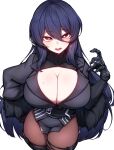  absurdres blue_hair breasts bright_pupils cleavage cleavage_cutout clothing_cutout contrapposto cowboy_shot dark_blue_hair from_above hair_between_eyes hand_on_own_hip hand_up headgear highres huge_breasts iron_saga jacket long_bangs long_hair long_sleeves looking_at_viewer mechanical_arms mole mole_on_breast oboro_(iron_saga) open_mouth pantyhose purple_eyes rikuguma simple_background single_mechanical_arm thighhighs tsurime very_long_hair white_background 