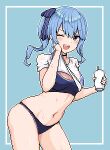  1girl ;d blue_bra blue_eyes blue_hair blue_panties bra breasts cleavage clothes_lift hololive hoshimachi_suisei looking_at_viewer medium_hair midriff navel no_pants one_eye_closed open_mouth panties pixel_art shirt shirt_lift side_ponytail simple_background small_breasts smile solo sports_bra stomach sweat t-shirt underwear virtual_youtuber wet wet_clothes wet_shirt white_shirt zou_eita 