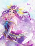  1girl :d bare_shoulders blue_eyes commentary_request cure_earth dress earrings elbow_gloves eyelashes fuurin_asumi gloves hair_ornament happy healin&#039;_good_precure highres jewelry latte_(precure) long_hair looking_at_viewer magical_girl minccino7 open_mouth precure purple_dress purple_hair simple_background smile solo standing 