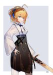  1girl absurdres artoria_pendragon_(fate) black_skirt blonde_hair border casual excalibur_(fate/stay_night) fate/grand_order fate_(series) feishi green_eyes grey_background highres holding holding_sword holding_weapon long_hair ponytail saber shirt skirt solo sword weapon white_border 