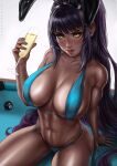  1girl absurdres animal_ears arm_tattoo artist_name ball bikini billiard_ball black_hair blue_archive blue_bikini blue_nails breasts champagne_flute collarbone cup dandon_fuga dark-skinned_female dark_skin drinking_glass fake_tail highres holding holding_cup karin_(blue_archive) large_breasts long_hair navel_piercing on_table paid_reward_available parted_lips piercing pool_table rabbit_ears sitting solo swimsuit table tail tattoo toned tongue very_long_hair yellow_eyes 