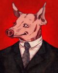  anthro clothed clothing domestic_pig dress_shirt jacket male mammal necktie no_irises no_pupils pig_nose pink_body pink_skin shirt smile snout solo soysoakedjelly suid suina suit sus_(pig) topwear ugo_(soysoakedjelly) 