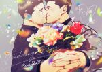  2boys bara black_hair black_jacket bouquet brown_hair character_name chris_redfield couple english_text facial_hair falling_petals grey_jacket heart highres holding holding_bouquet holding_hands husband_and_husband jacket jewelry kiss kuconoms male_focus multiple_boys petals piers_nivans resident_evil resident_evil_6 ring short_hair smile twitter_username upper_body wedding_ring yaoi 