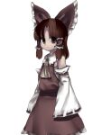  1girl aaaa_(aaaa480) benikurage_(cookie) bow brown_bow brown_eyes brown_hair brown_shirt brown_skirt brown_theme closed_mouth collared_shirt commentary_request cookie_(touhou) cowboy_shot detached_sleeves expressionless flat_chest frilled_bow frilled_hair_tubes frilled_skirt frills hair_bow hair_tubes hakurei_reimu looking_at_viewer medium_bangs medium_hair parted_bangs ribbon-trimmed_sleeves ribbon_trim sarashi sepia shirt sidelocks simple_background skirt skirt_set sleeveless sleeveless_shirt solo touhou white_background white_sleeves 