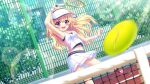  1girl :d arm_up armpits ball bare_shoulders black_undershirt blonde_hair building collarbone dot_nose dutch_angle fence film_grain game_cg hasegawa_mii holding_tennis_racket izumi_tsubasu lens_flare long_hair midriff miniskirt navel non-web_source official_art open_mouth pink_footwear playing_sports purple_eyes racket re:stage! shoes skirt smile sneakers socks solo sparkle sparkling_eyes sportswear sunlight tank_top teeth tennis tennis_ball tennis_court tennis_net tennis_racket tennis_uniform upper_teeth_only visor_cap white_headwear white_skirt white_socks white_tank_top white_wristband window 