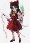  1girl ascot b_nosk101 bare_shoulders black_hair blush bow brown_footwear closed_mouth detached_sleeves full_body gohei hair_bow hair_tubes hakurei_reimu highres holding holding_gohei japanese_clothes long_hair nontraditional_miko ofuda red_bow red_eyes red_skirt ribbon-trimmed_sleeves ribbon_trim shoes sidelocks simple_background skirt smile socks solo touhou unfinished_dream_of_all_living_ghost white_background white_sleeves white_socks wide_sleeves yellow_ascot 