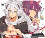  2girls behind_another blue_eyes blunt_bangs cat contemporary couple floating floating_object hair_between_eyes hair_ornament highres honkai_(series) honkai_impact_3rd horns jacket jewelry kiana_kaslana looking_at_animal looking_at_viewer multiple_girls necklace open_clothes open_jacket ponytail purple_eyes purple_hair raiden_mei red_ribbon ribbon sanhgreen shirt side-by-side simple_background sitting white_background white_cat white_hair white_shirt yuri 