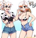  2girls abs absurdres animal_print black_nails blue_shorts blush breasts cleavage cow cow_print cow_print_bikini crossed_arms dashi_(dashiart) denim denim_shorts grin highres large_breasts liz_(dashi) looking_at_viewer multicolored_hair multiple_girls muscular muscular_female nina_(dashi) open_mouth orange_hair orange_nails original parted_lips partially_unzipped short_hair short_ponytail short_shorts shorts smile teeth upper_teeth_only v white_hair 