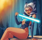  1girl absurdres ahsoka_tano alien arm_support blue_eyes breasts colored_skin covered_navel energy_sword facial_tattoo foot_out_of_frame from_side highres inker_comics jedi lightsaber looking_at_viewer medium_breasts orange_skin sitting smile solo star_wars star_wars:_the_clone_wars sword tattoo tentacle_hair togruta weapon 