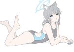  1girl :o animal_ear_fluff animal_ears arched_back arm_support ass back back_cutout bare_legs barefoot black_one-piece_swimsuit blue_archive blue_eyes blush breasts clothing_cutout competition_swimsuit condom condom_wrapper cross cross_hair_ornament earrings extra_ears feet flat_color from_side full_body grey_hair hair_ornament hair_tie halo hand_on_own_arm highres inverted_cross jewelry legs low_ponytail lying masabodo medium_breasts medium_hair mismatched_pupils official_alternate_costume on_bed on_stomach one-piece_swimsuit ponytail shiroko_(blue_archive) shiroko_(swimsuit)_(blue_archive) sidelocks simple_background soles solo stud_earrings swimsuit the_pose thighs toes white_background wolf_ears 