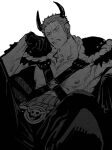  1boy alternate_costume bara cape chest_harness demon_horns earrings frown fur-trimmed_cape fur_trim harness head_rest horns jewelry kalk0011 looking_afar male_focus monochrome nipples no_shirt one_eye_closed one_piece pectorals roronoa_zoro scar scar_across_eye short_hair sitting solo v-shaped_eyebrows white_background 