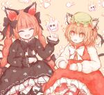  +_+ 2girls :d animal_ear_fluff animal_ear_piercing animal_ears black_bow black_bowtie black_dress black_footwear bow bowtie brown_eyes brown_hair cat_ears cat_girl cat_tail chen closed_eyes dress earrings footwear_bow green_headwear hat highres hitodama jewelry kaenbyou_rin long_sleeves looking_at_viewer mob_cap multiple_girls multiple_tails nekomata open_mouth paw_print paw_print_background ro.ro short_hair single_earring skull smile tail touhou two_tails white_bow white_bowtie 