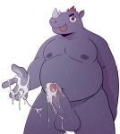  anthro big_penis blush bodily_fluids cum cum_on_hand cum_string earl_(t0l0k) genital_fluids genitals hi_res male mammal overweight penis rhinoceros solo sweat t0l0k tongue tongue_out 