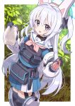  1girl :d animal_ears bag blue_archive bow braid bulletproof_vest commentary_request fake_animal_ears fuji_tarawi grey_hair hair_between_eyes hair_bow hair_ribbon halo headset highres holding holding_towel knee_pads knife_holster long_hair long_sleeves looking_at_viewer miyako_(blue_archive) one_side_up pleated_skirt pocket purple_eyes rabbit_ears ribbon school_uniform serafuku sidelocks single_braid skirt smile solo tactical_clothes towel turtleneck two-tone_gloves wet wet_clothes wet_towel white_towel 