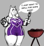  anthro apron apron_only beverage big_breasts black_eyes boss_monster bovid breasts burger caprine clothing english_text exclamation_point female floppy_ears food goat grill hi_res holding_beverage holding_object holding_spatula holding_tool horn huge_breasts huge_thighs i_just_wanna_grill mammal mostly_nude plantyfern smile solo spatula speech_bubble text thick_thighs tools toriel undertale undertale_(series) white_body wide_hips 