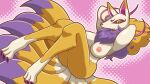  anthro areola big_breasts breasts canid canine female fox fox_spirit fur hands_behind_head hi_res kyubi_(yo-kai_watch) mammal multi_tail nazca_(artist) nipples nude pink_areola pink_background pink_nipples purple_body purple_fur raised_arms simple_background sitting solo tail yellow_body yellow_eyes yellow_fur yo-kai_watch 
