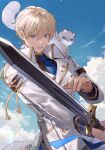  1boy absurdres black_shirt blonde_hair blue_eyes blue_necktie blue_ribbon blue_sky cloud hair_between_eyes high_collar highres hiyamaru holding holding_sword holding_weapon holostars kishido_temma kishido_temma_(1st_costume) light_smile looking_at_viewer male_focus necktie ribbon shirt short_hair sky solo standing suit sword upper_body weapon white_suit yonsang_(swordmaster) 