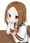  1girl absurdres blush brown_eyes brown_hair chair commentary commentary_request highres inaba_mifumi karakai_jouzu_no_takagi-san looking_at_viewer neckerchief nishikata_chii on_chair red_neckerchief sailor_collar school_uniform serafuku shirt sitting skirt solo table white_background white_shirt 