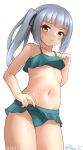  1girl bikini bikini_skirt breasts brown_eyes clothes_lift dated green_bikini grey_hair kantai_collection kasumi_(kancolle) lifted_by_self looking_at_viewer official_alternate_costume one-hour_drawing_challenge ray.s side_ponytail simple_background skirt skirt_lift small_breasts solo swimsuit twitter_username white_background 