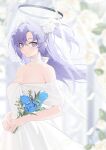  1girl bechu blue_archive blue_butterfly blue_eyes blue_flower blue_rose blurry blurry_background blush breasts bridal_veil bug butter butterfly choker cleavage dress flower food hair_between_eyes hair_flower hair_ornament halo highres holding holding_flower long_hair looking_at_viewer medium_breasts petals purple_eyes purple_hair revision rose solo strapless strapless_dress two_side_up veil wedding_dress white_choker white_dress white_flower white_rose yuuka_(blue_archive) 