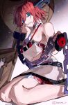  1girl a.b.a absurdres arere_r bags_under_eyes bandages bare_shoulders black_gloves blood blood_on_clothes blue_eyes breasts chain clenched_hands clenched_teeth fingerless_gloves gloves guilty_gear guilty_gear_xx hair_between_eyes highres key_in_head large_breasts looking_at_viewer object_through_head paracelsus red_hair short_hair sideboob sitting solo teeth thighs twitter_username wariza 