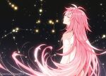  1boy androgynous black_background constellation facing_to_the_side hajun_(hey_sangha) hatsutori_hajime long_hair long_sleeves male_focus pink_hair saibou_shinkyoku shirt sky solo star_(sky) star_(symbol) starry_sky sweater turtleneck turtleneck_sweater twitter_username white_shirt 