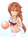  1girl adapted_costume ball beachball bikini black_bikini breasts brown_eyes brown_hair cleavage hair_flaps hairband highres index_finger_raised kantai_collection medium_breasts navel official_alternate_costume one-hour_drawing_challenge red_hairband shiratsuyu_(kancolle) shiratsuyu_kai_ni_(kancolle) shorts simple_background smile solo swimsuit tan whistle whistle_around_neck white_background white_shorts zanne 