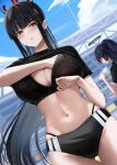  2girls black_bra black_buruma black_hair black_shirt blue_archive blue_eyes blush bottle bra breasts bright_pupils buruma commentary_request day halo highres holding holding_bottle large_breasts long_hair looking_at_viewer multiple_girls navel outdoors part parted_lips ponytail red_eyes rio_(blue_archive) shirt solo_focus stomach underwear white_pupils yamikyon yuuka_(blue_archive) yuuka_(track)_(blue_archive) 