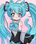  1990s_(style) 1girl absurdres animal_ears artist_name black_skirt blue_bow blue_eyes blue_hair blush bow breasts bubble_background cat_ears cat_girl cat_tail chelly_(chellyko) detached_sleeves grey_shirt hair_ornament hair_ribbon hairclip hatsune_miku highres long_hair long_sleeves looking_at_viewer medium_breasts pink_background retro_artstyle ribbon shirt shoulder_tattoo skirt sleeveless sleeveless_shirt smile solo sparkle standing tail tattoo twintails vocaloid watermark 