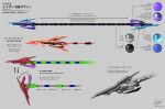  arrow_(symbol) commentary_request english_text grey_background highres no_humans original pinakes polearm reference_sheet science_fiction signature spear weapon 