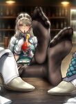  1girl absurdres belt black_thighhighs blue_eyes blurry blush bookshelf boots boots_removed braid breasts commentary commission crossed_legs cup depth_of_field drinking_glass drinking_straw elaine_auclair english_commentary eyelashes feet feet_on_table fine_fabric_emphasis food foot_focus foreshortening fruit gloves grey_hair hair_between_eyes hands_up highres holding holding_cup indoors kuro_no_kiseki_ii large_breasts legs long_hair looking_at_viewer nikishiko no_shoes orange_(fruit) orange_slice pixiv_commission purple_gloves shiny_skin short_sleeves signature sitting soles solo swept_bangs thighhighs thighs toes white_belt 