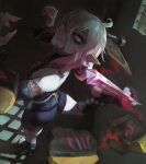  1girl absurdres ahoge ass briar_(league_of_legends) colored_sclera fingernails foot_up gradient_hair hair_between_eyes hands_up highres league_of_legends leg_wrap multicolored_hair pink_hair pink_sclera pointy_bean pointy_ears sharp_fingernails short_hair solo toeless_legwear tongue tongue_out vampire white_eyes white_hair 