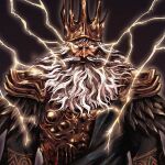  1boy absurdres armor artist_name beard commentary crown dark_souls_(series) dark_souls_i english_commentary facial_hair gwyn_lord_of_sunlight highres lightning long_beard long_hair looking_at_viewer menaslg solo weapon white_eyes white_hair 