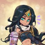  1girl armor bare_shoulders belt black_belt breasts brown_background closed_mouth green_eyes grimace_shake_(meme) league_of_legends long_hair long_sleeves medium_breasts meme notice_lines phantom_ix_row sivir solo stomach upper_body 