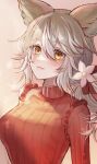  1girl animal_ears blush breasts fang flower gradient_background granblue_fantasy grey_hair hair_between_eyes hair_flower hair_ornament long_hair looking_up red_eyes ribbed_sweater sen_(granblue_fantasy) smile solo sweater takanishi_takashi 