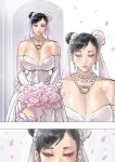  1girl absurdres bare_shoulders black_hair breasts capcom chun-li cirenk cleavage closed_eyes closed_mouth collarbone dress earrings flower highres jewelry kiss large_breasts lips necklace pearl_necklace shiny_skin smile solo street_fighter wedding_dress 
