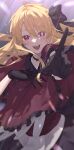  1girl absurdres black_choker black_gloves blonde_hair blush choker dress gloves highres hoshino_ruby iwashi_111 light_rays mismatched_pupils oshi_no_ko pointing pointing_at_viewer red_dress red_eyes smile solo star-shaped_pupils star_(symbol) symbol-shaped_pupils 