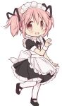  1girl :d absurdres black_socks commentary_request full_body heart_hands_invitation highres hitode kaname_madoka looking_at_viewer mahou_shoujo_madoka_magica maid maid_headdress open_mouth pink_eyes pink_hair short_hair short_sleeves short_twintails simple_background smile socks solo standing standing_on_one_leg twintails white_background wrist_cuffs 