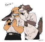  2boys belt black_pants border_collie brown_fur claws dog_boy fangs finger_in_another&#039;s_mouth furry furry_male furry_with_furry highres joseph_(smell) multiple_boys nagabe noi_(smell) one_eye_closed pants pawpads school shirt signature smell_(nagabe) smile untucked_shirt white_background white_shirt yellow_fur 