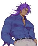  1boy belt bhima_(fate) blue_shirt collared_shirt dark-skinned_male dark_skin fate/grand_order fate_(series) hand_in_pocket long_hair looking_at_viewer muscular muscular_male pants pectorals purple_eyes purple_hair semi_(p-poco) shirt simple_background smile spiked_hair tight_clothes tight_shirt white_background 