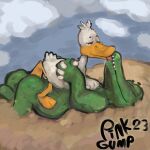  2023 absurd_res aldo_(sitting_ducks) alligator alligatorid anatid anseriform anthro artist_name avian beach bird cartoon_network crocodilian detailed_background digital_media_(artwork) digital_painting_(artwork) duck duo ed_(sitting_ducks) featureless_crotch french_kissing hi_res huge_filesize kissing lying male male/male nude on_back on_top_of_belly pink_gump reptile sand scalie seaside sitting_ducks 