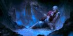  2girls artist_name bare_arms bare_shoulders closed_eyes diana_(league_of_legends) facial_mark facing_another forehead_mark grey_hair highres league_of_legends leona_(league_of_legends) long_hair mountain multiple_girls night outdoors red_hair scar scar_across_eye sitting wanda_(wandakun) water 
