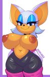  2023 absurd_res anthro areola bat breasts clothed clothing eyeshadow female fur gloves handwear hi_res kiskjeez makeup mammal narrowed_eyes nipples rouge_the_bat sega signature simple_background smile solo sonic_the_hedgehog_(series) tan_body tan_skin topless white_body white_fur 