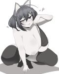  1girl animal_ears braid breasts cat_ears commentary_request curvy full_body greyscale haseru_(ginku_mh) heart huge_breasts looking_at_viewer medium_hair monochrome nipples one_breast_out open_mouth original side_braid sidelocks simple_background smile solo squatting thighhighs two_side_up white_background 