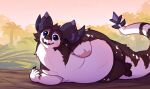  ambiguous_gender amputee anthro belly big_belly black_body black_fur disability fur glistening glistening_eyes hi_res horn kolaa looking_at_viewer lying missing_arm nude on_side outside overweight purple_eyes purple_horn smile solo white_body white_fur 