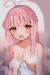  1girl :d blue_archive blush breasts collarbone commentary covering covering_breasts dot_nose god_saikyo hair_bun halo highres long_hair looking_at_viewer medium_breasts mika_(blue_archive) open_mouth orange_eyes pink_hair single_side_bun smile solo steam towel upper_body water_drop wet 