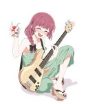  1girl alcohol_carton atsumi_tomoya bass_guitar black_bow black_nails blunt_bangs blush bocchi_the_rock! bow braid closed_eyes dress drunk green_dress hair_bow hair_over_shoulder highres hiroi_kikuri holding_carton instrument low-braided_long_hair open_mouth purple_hair sharp_teeth single_braid smile teeth 