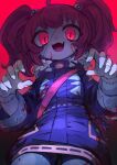  1girl bag bandaged_fingers bandages bandaid bandaid_on_face blood blood_on_clothes blood_on_face claw_pose cowlick fang gradient_background highres ketopon long_hair long_sleeves looking_at_viewer open_mouth original parka pink_bag pink_eyes red_background red_hair shoulder_strap sidelocks skin_fang slit_pupils solo stitched_face stitched_hand stitches twintails zombie 
